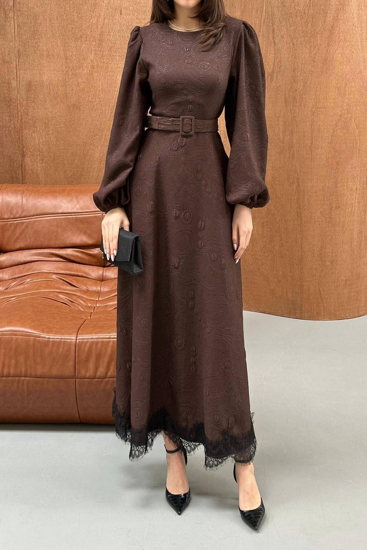 ELS Wholesale Brown Square Embossed Glitter Long Dress - Lünen