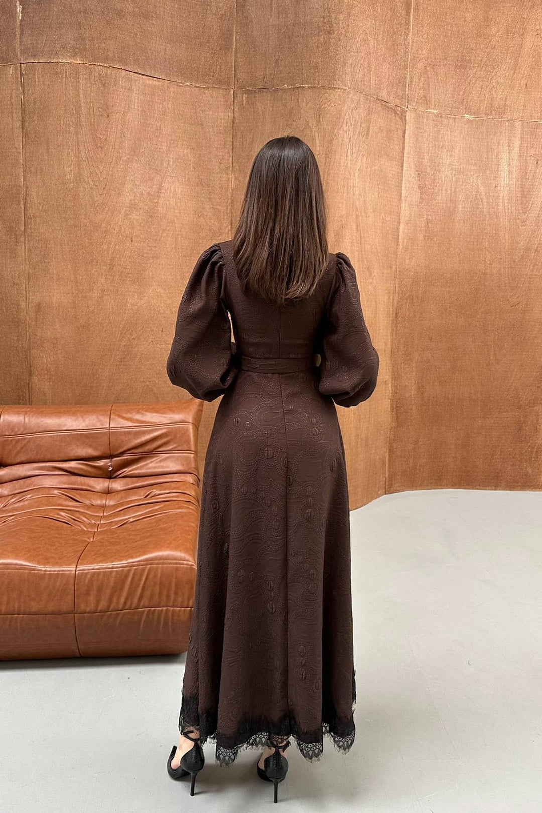 ELS Wholesale Brown Square Embossed Glitter Long Dress - Lünen
