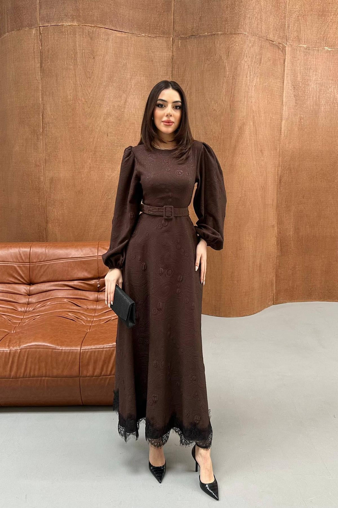ELS Wholesale Brown Square Embossed Glitter Long Dress - Lünen