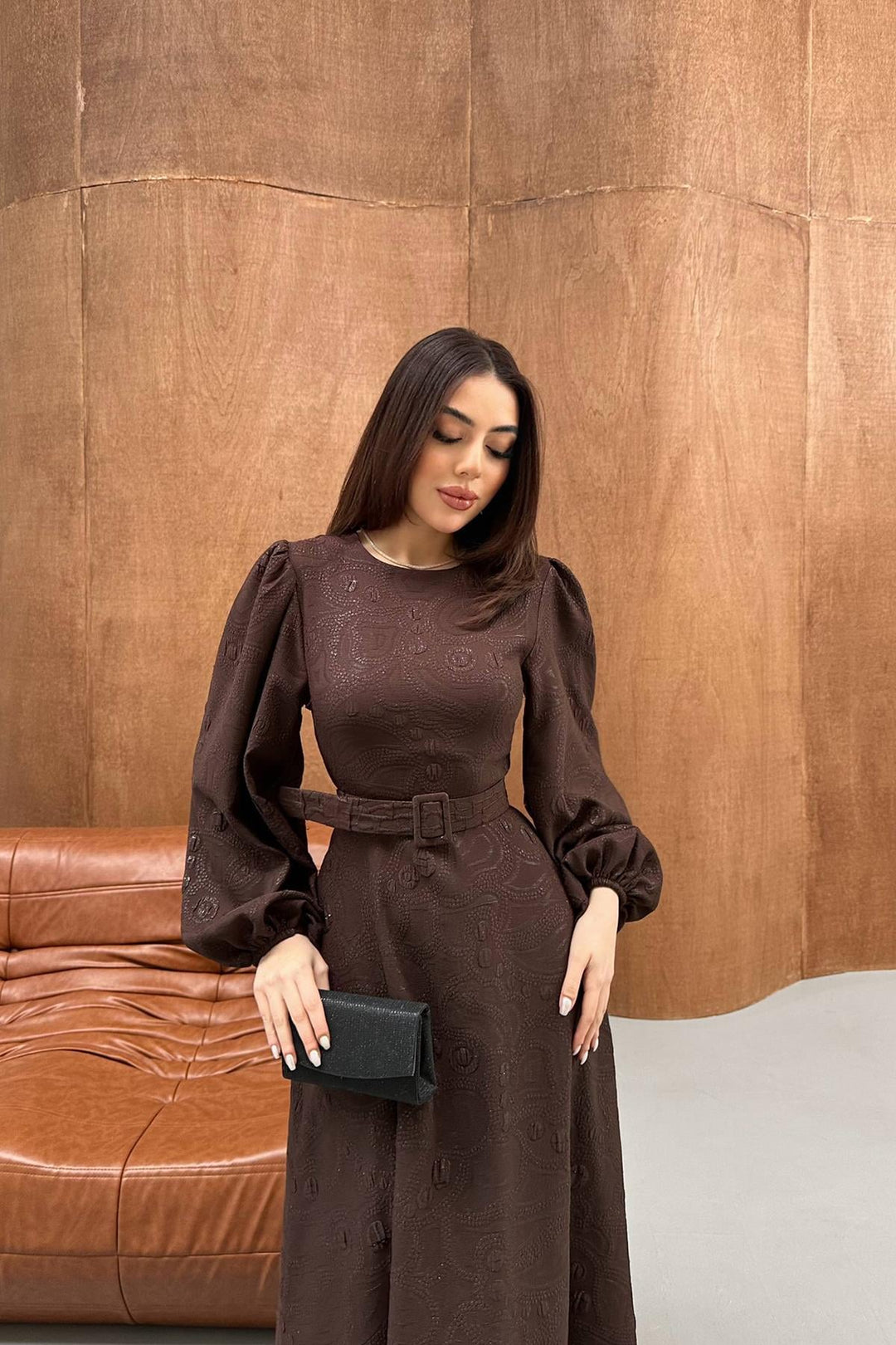 ELS Wholesale Brown Square Embossed Glitter Long Dress - Lünen
