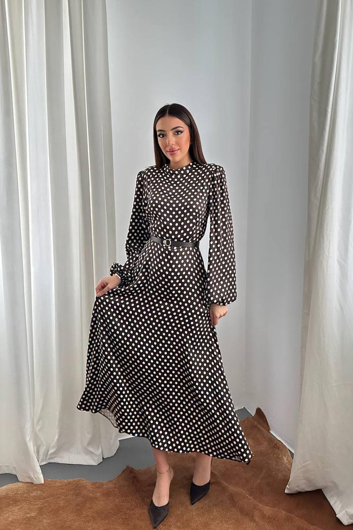 ELS Toptan Kahverengi Kemer Detaylı Puantiyeli Elbise - Alton