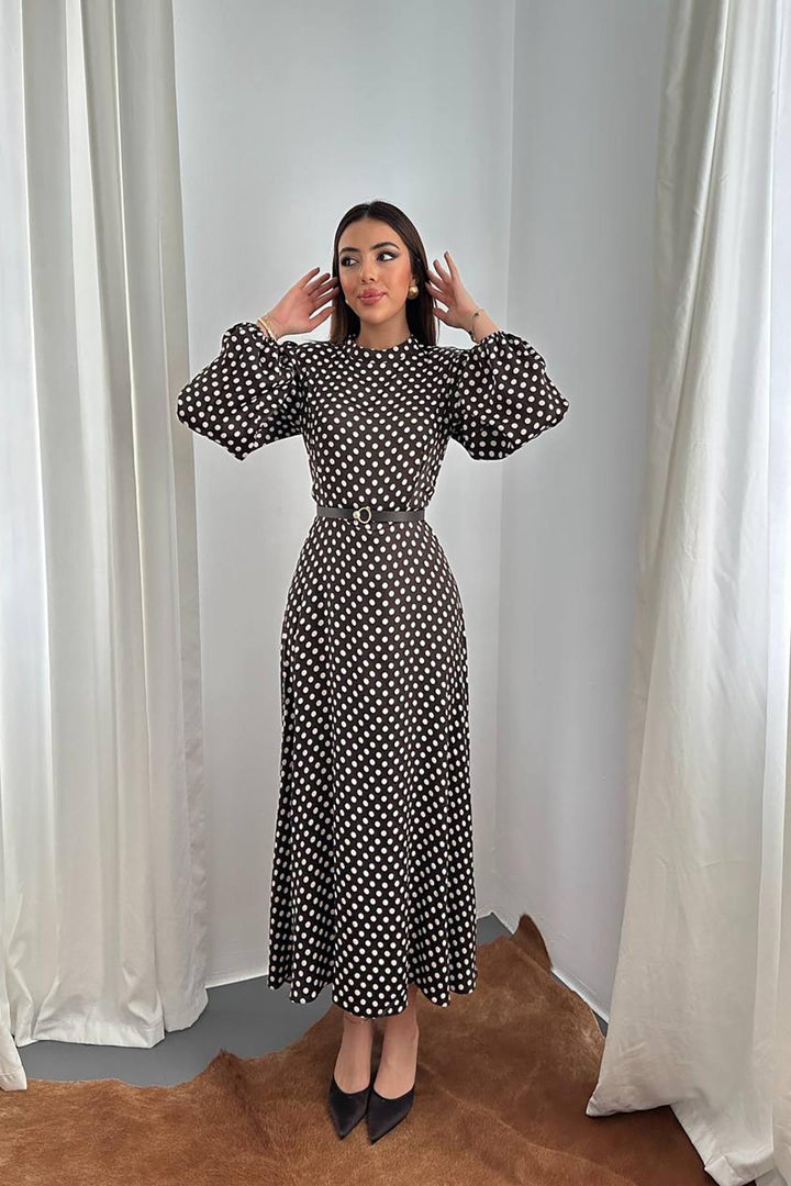 ELS Toptan Kahverengi Kemer Detaylı Puantiyeli Elbise - Alton