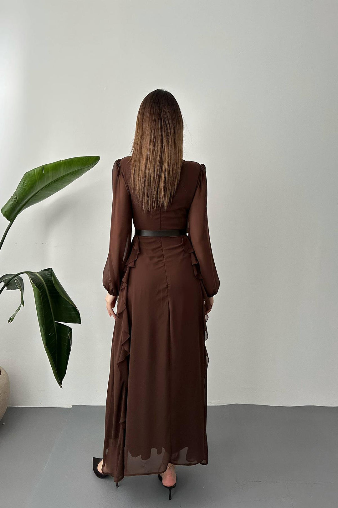 ELS Wholesale Brown Belted Chiffon Dress - Toluca