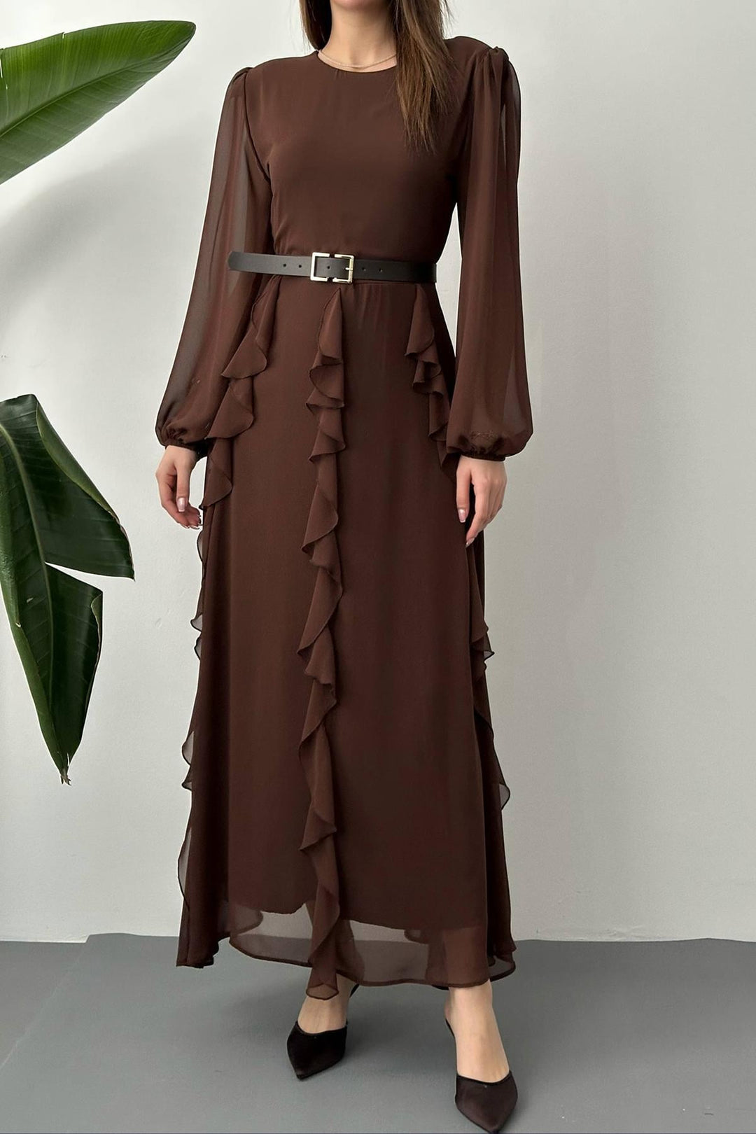 ELS Wholesale Brown Belted Chiffon Dress - Toluca