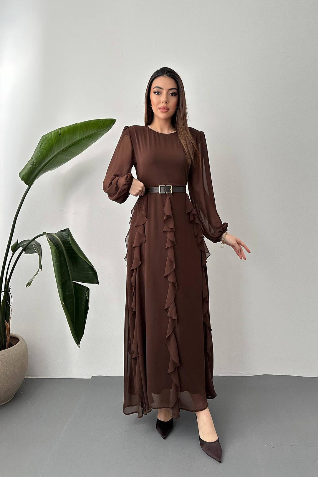 ELS Wholesale Brown Belted Chiffon Dress - Toluca