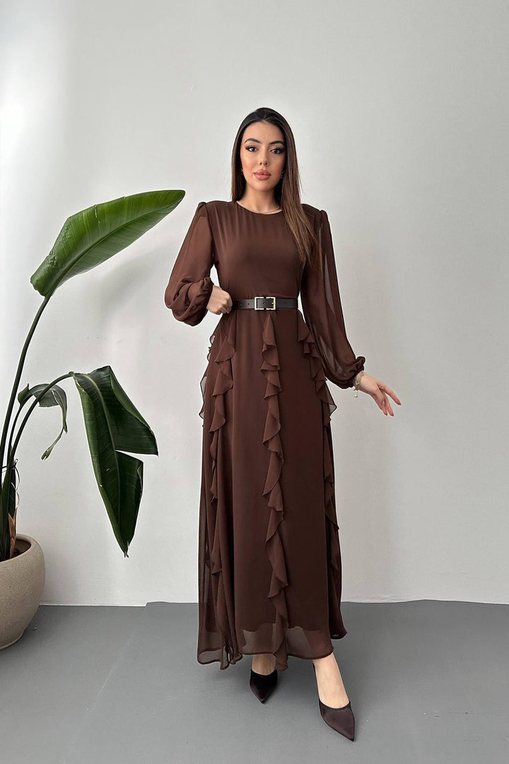 ELS Wholesale Brown Belted Chiffon Dress - Toluca