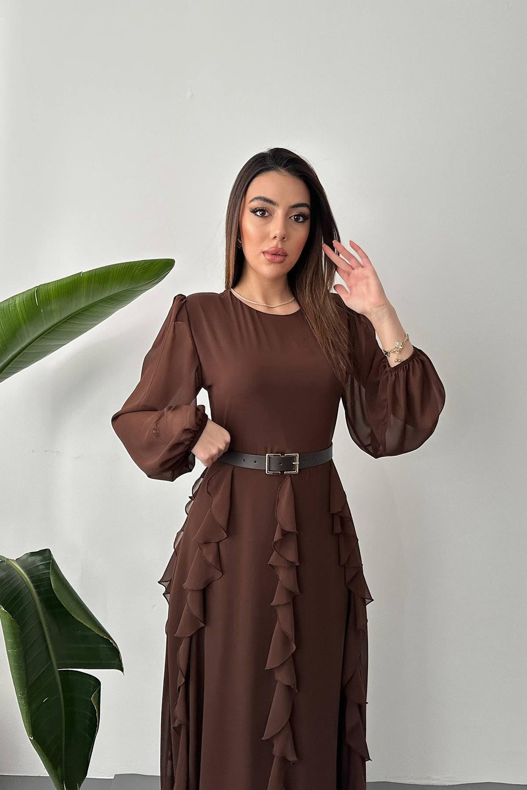 ELS Wholesale Brown Belted Chiffon Dress - Toluca