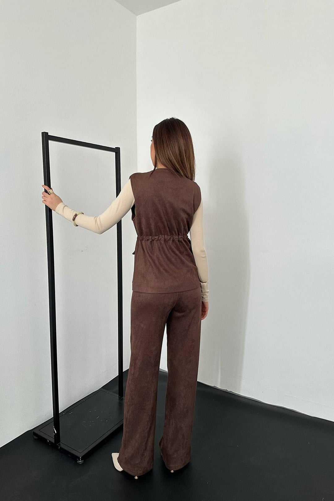 ELS Toptan Kahverengi Süet Yelek Pantolon Takım - Schio