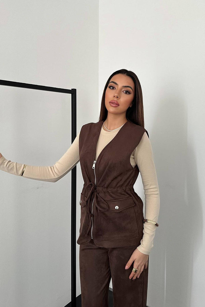 ELS Toptan Kahverengi Süet Yelek Pantolon Takım - Schio