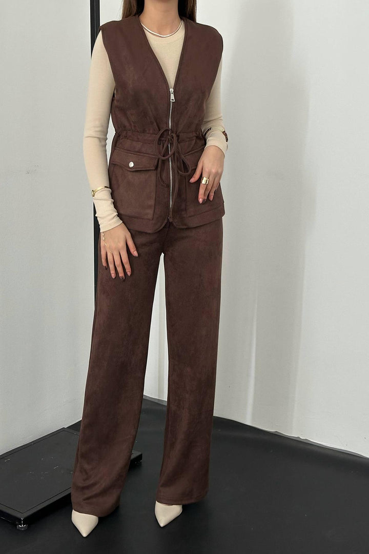 ELS Toptan Kahverengi Süet Yelek Pantolon Takım - Schio