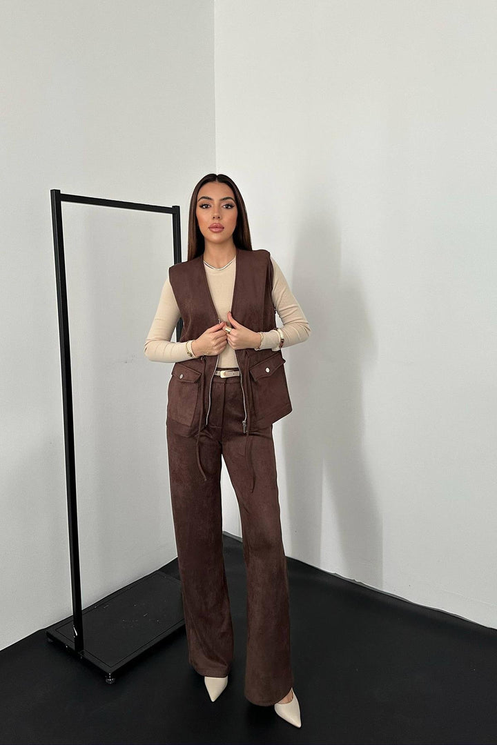 ELS Toptan Kahverengi Süet Yelek Pantolon Takım - Schio