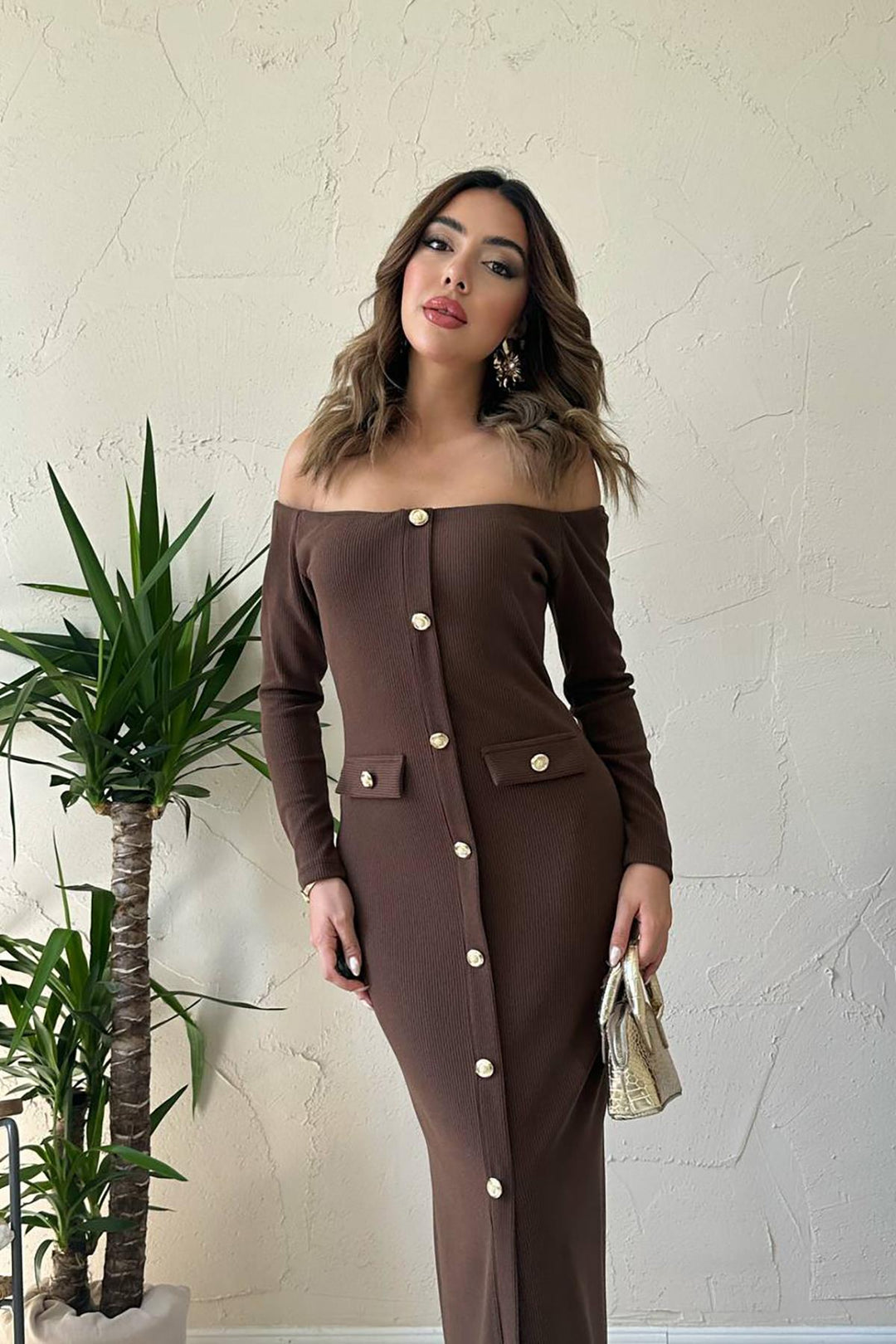 ELS Wholesale Brown Knit Gold Button Dress - Turlock