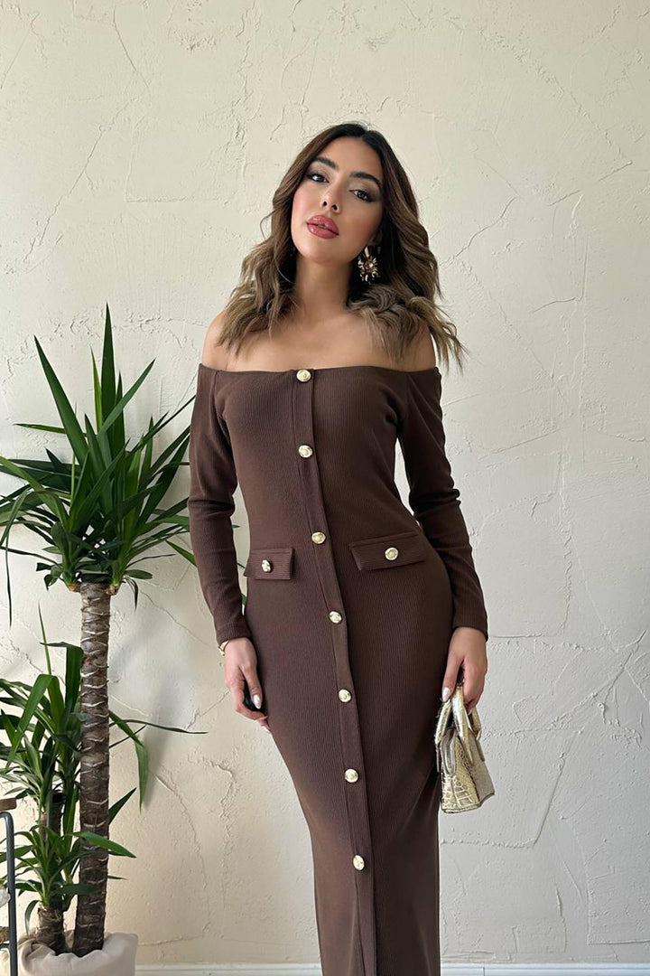 ELS Wholesale Brown Knit Gold Button Dress - Turlock