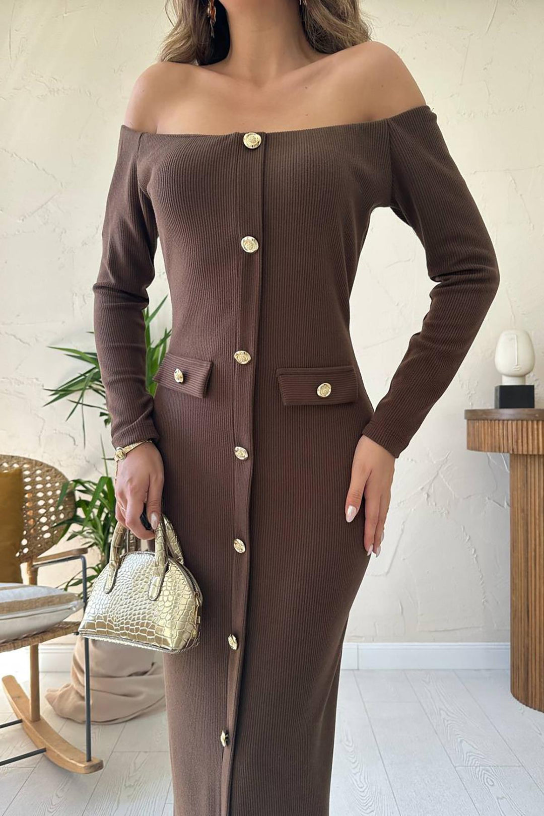 ELS Wholesale Brown Knit Gold Button Dress - Turlock