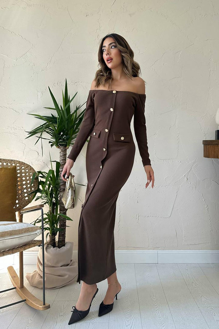 ELS Wholesale Brown Knit Gold Button Dress - Turlock