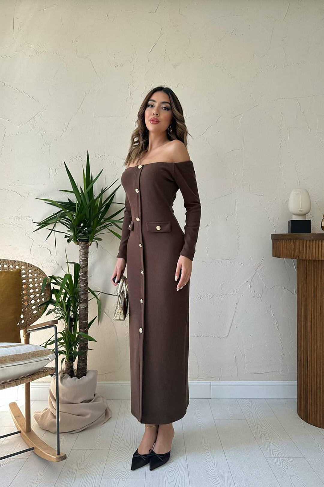 ELS Wholesale Brown Knit Gold Button Dress - Turlock