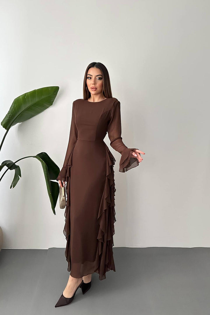 ELS Wholesale Brown Ruffled Chiffon Dress - Emden