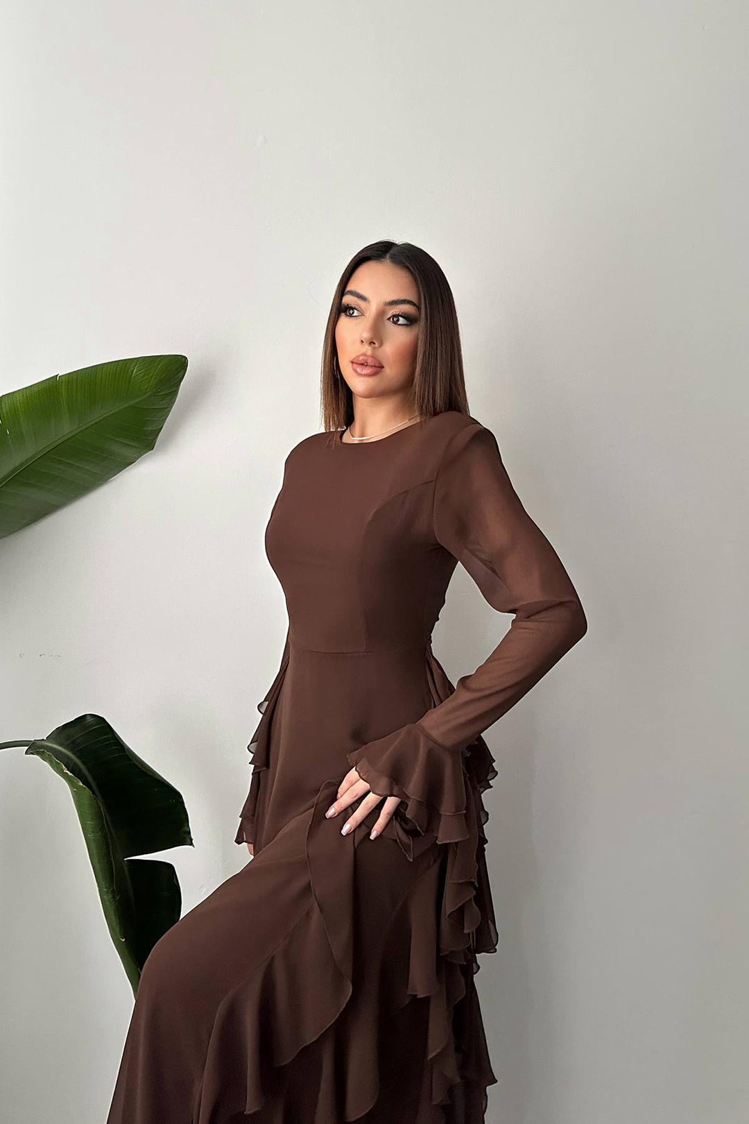 ELS Wholesale Brown Ruffled Chiffon Dress - Emden