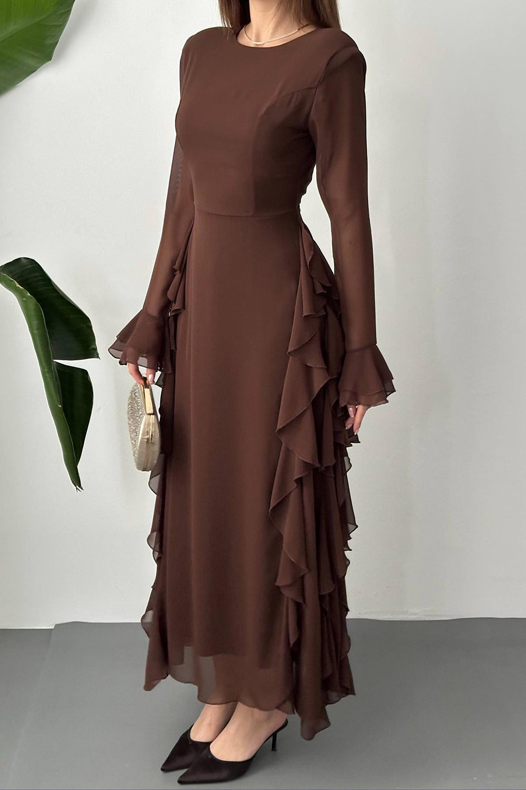 ELS Wholesale Brown Ruffled Chiffon Dress - Emden