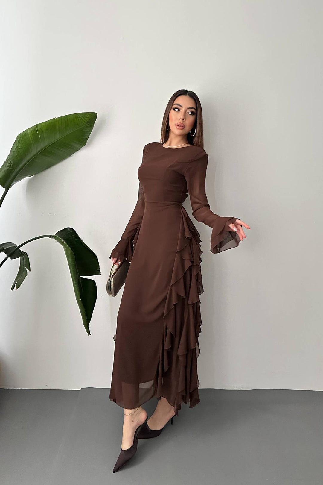 ELS Wholesale Brown Ruffled Chiffon Dress - Emden