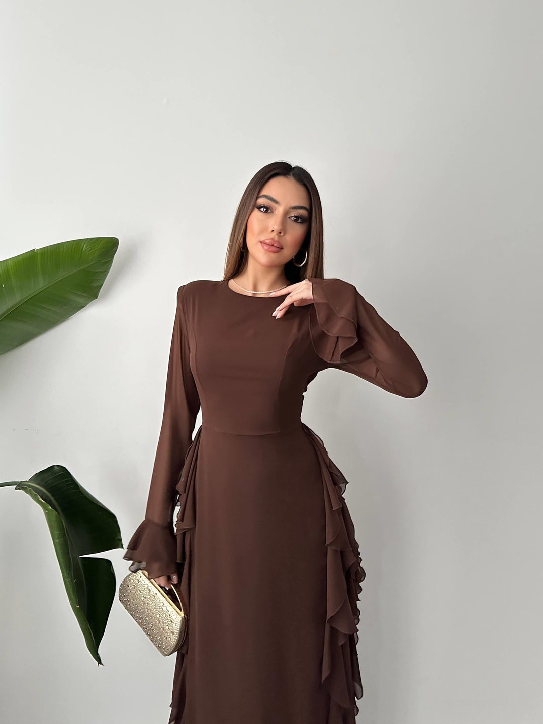 ELS Wholesale Brown Ruffled Chiffon Dress - Emden
