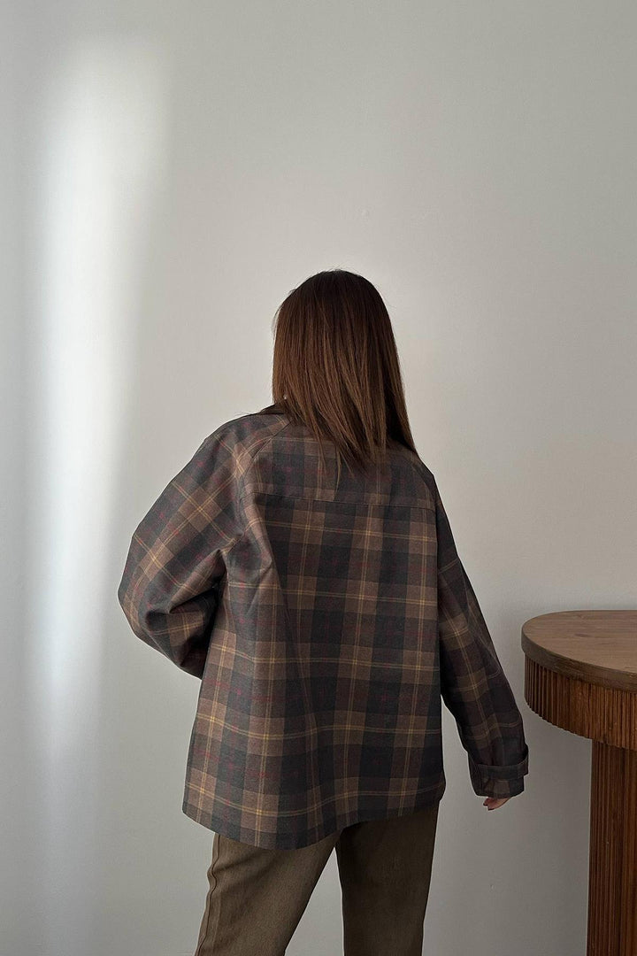 ELS Wholesale Brown Collar Garnished Plaid Jacket - Rye