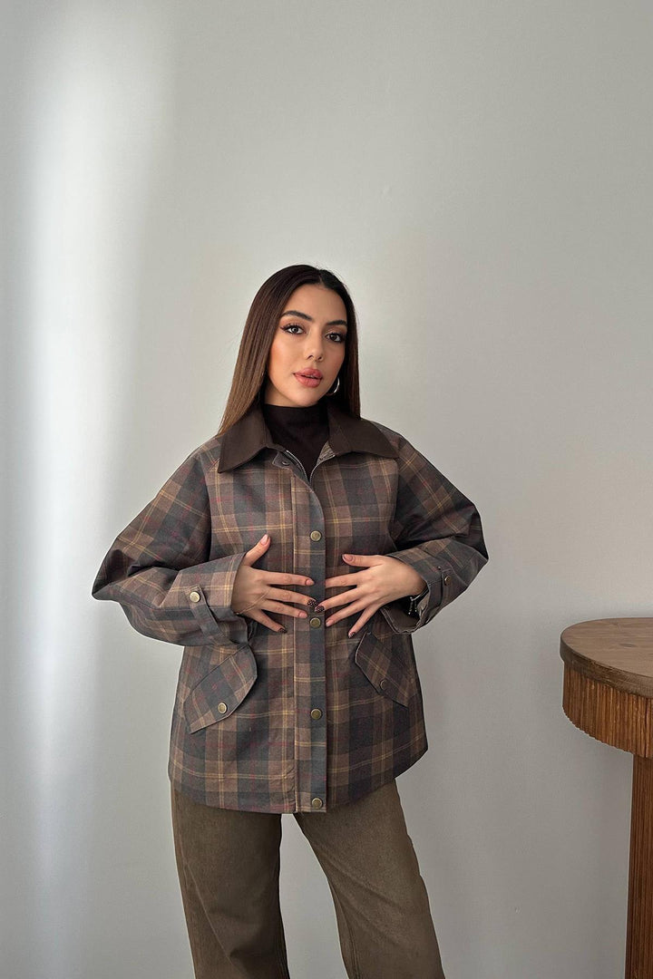 ELS Wholesale Brown Collar Garnished Plaid Jacket - Rye