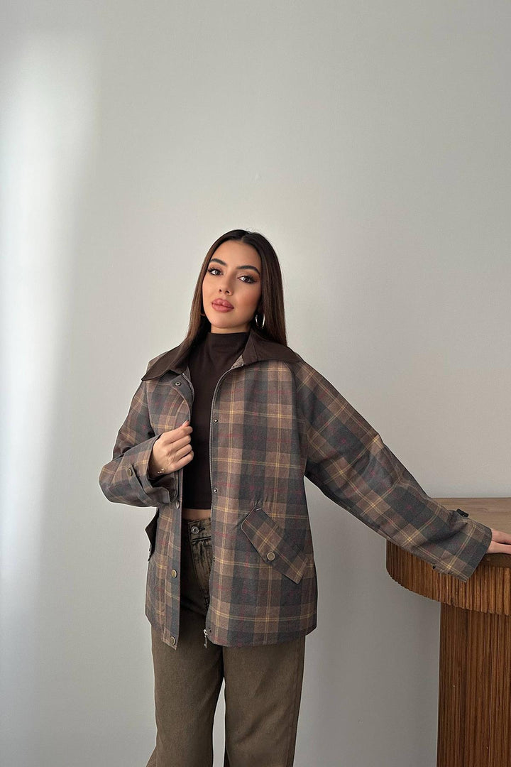 ELS Wholesale Brown Collar Garnished Plaid Jacket - Rye