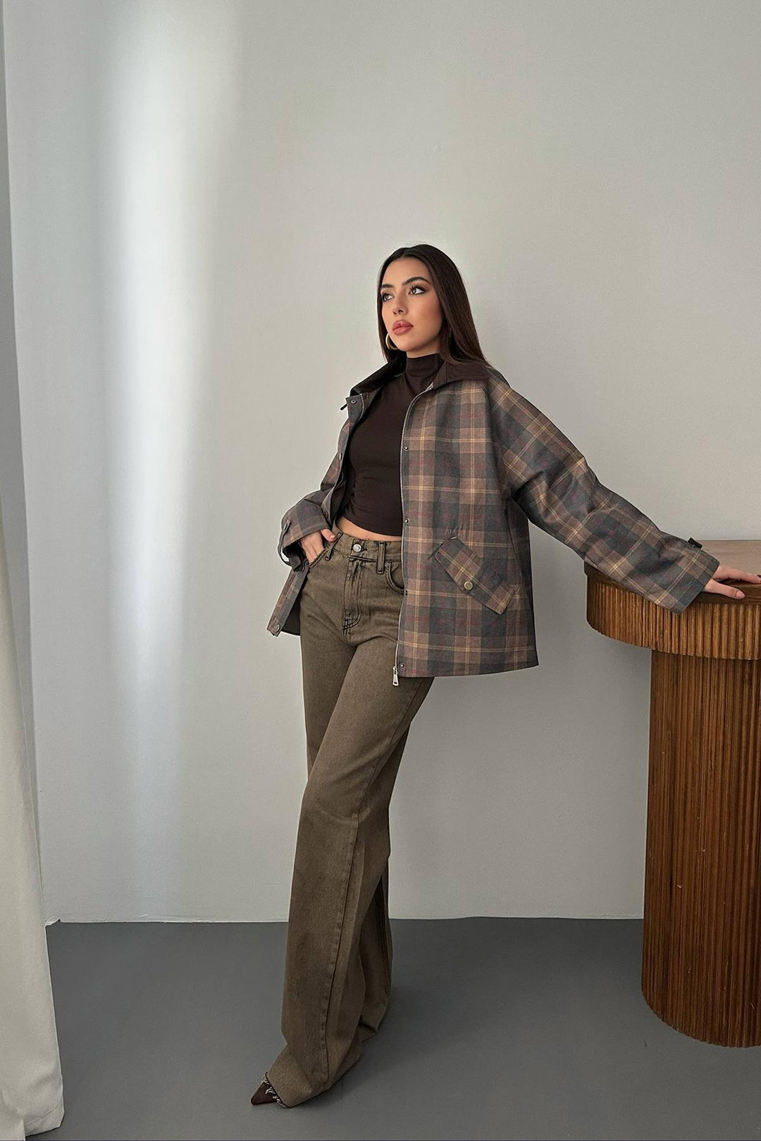 ELS Wholesale Brown Collar Garnished Plaid Jacket - Rye