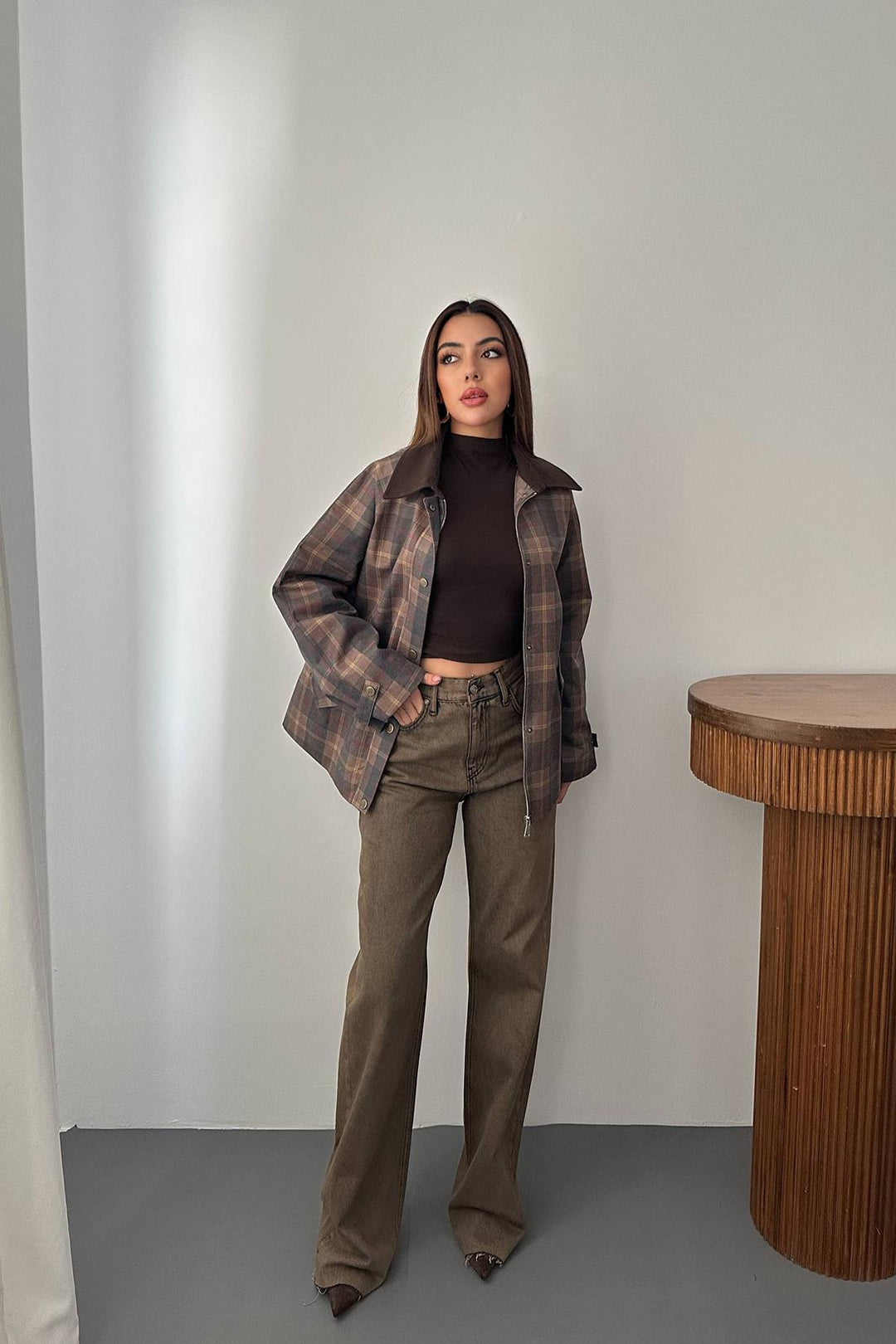 ELS Wholesale Brown Collar Garnished Plaid Jacket - Rye