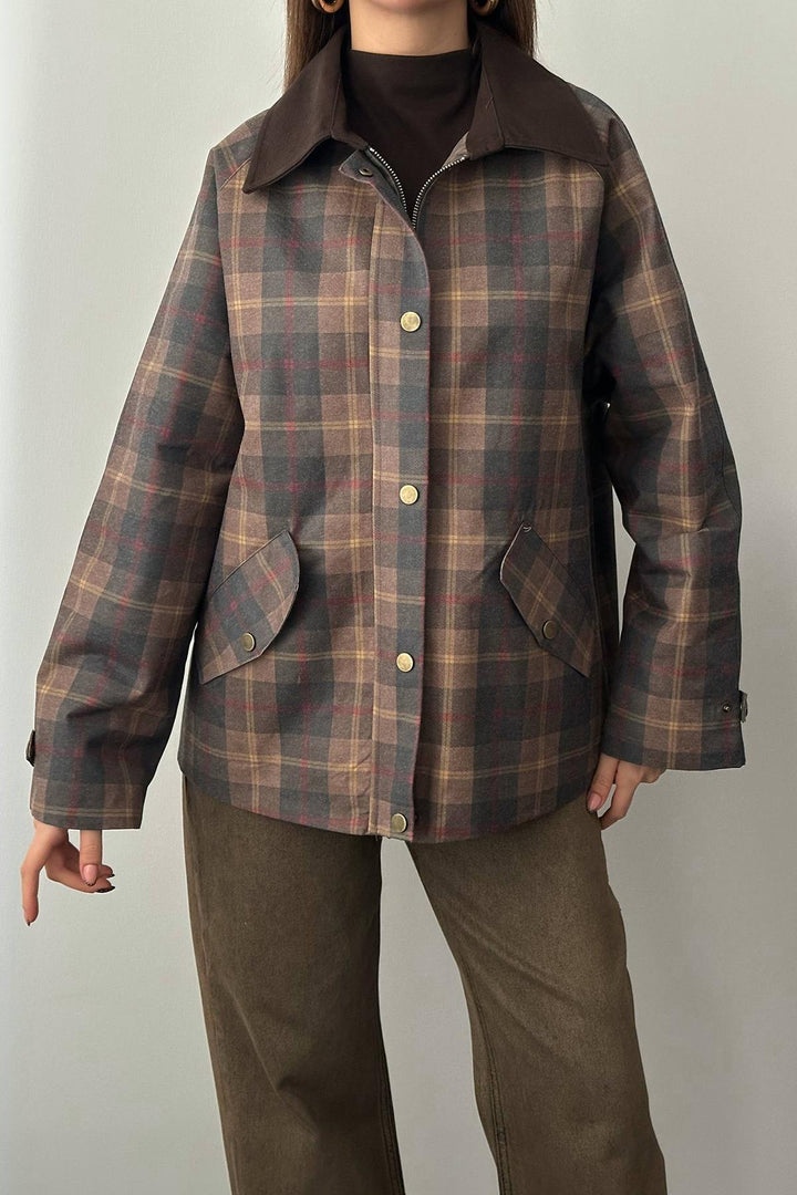 ELS Wholesale Brown Collar Garnished Plaid Jacket - Rye
