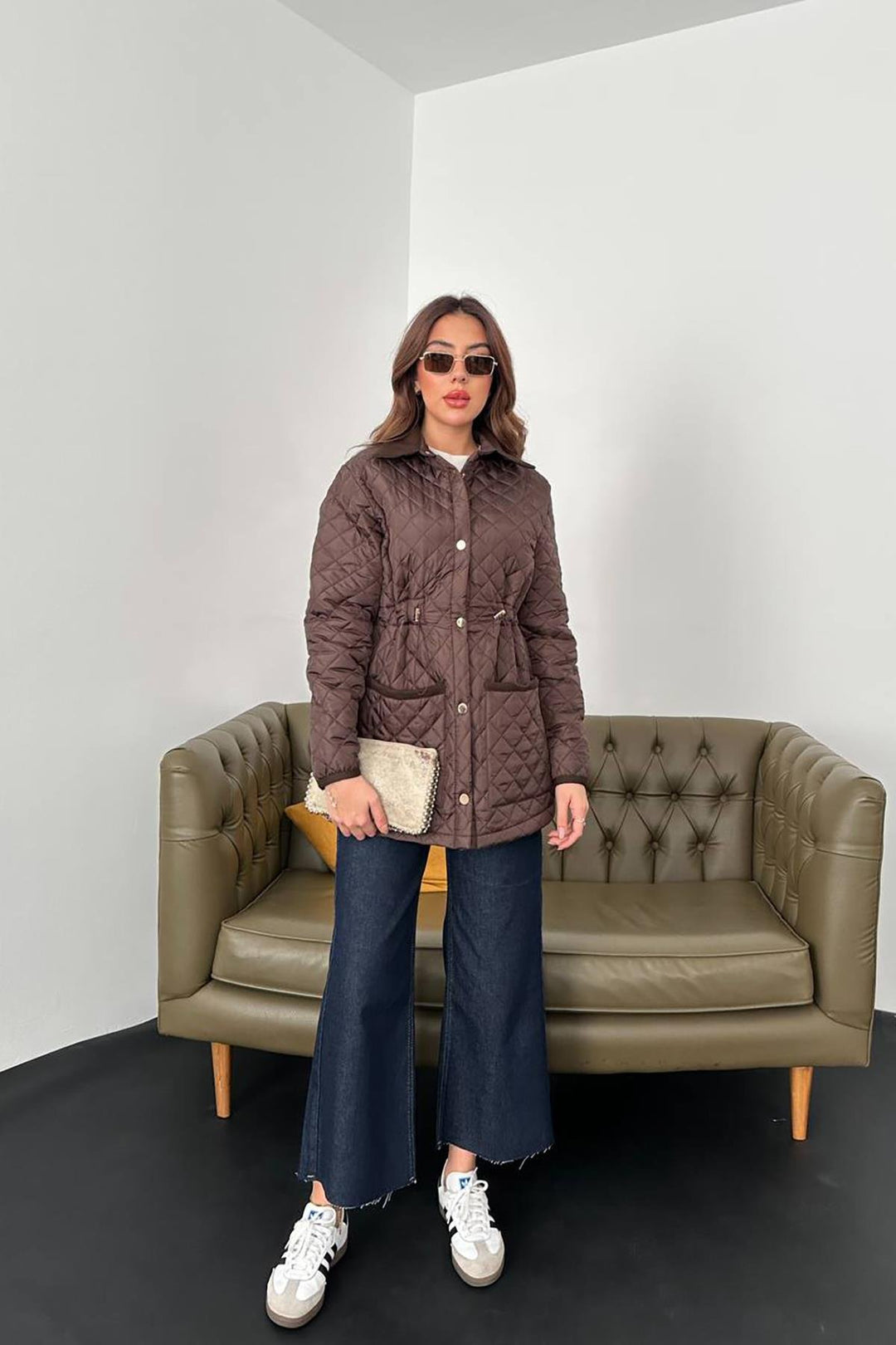 ELS Toptan Kahverengi Yakası Süet Kapitone Ceket - Elgin