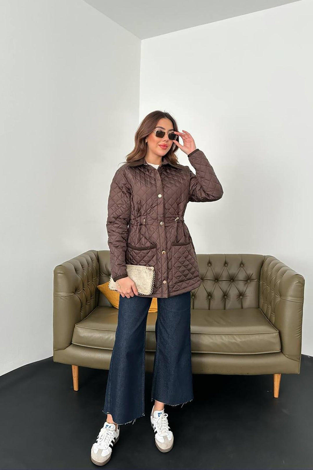 ELS Toptan Kahverengi Yakası Süet Kapitone Ceket - Elgin