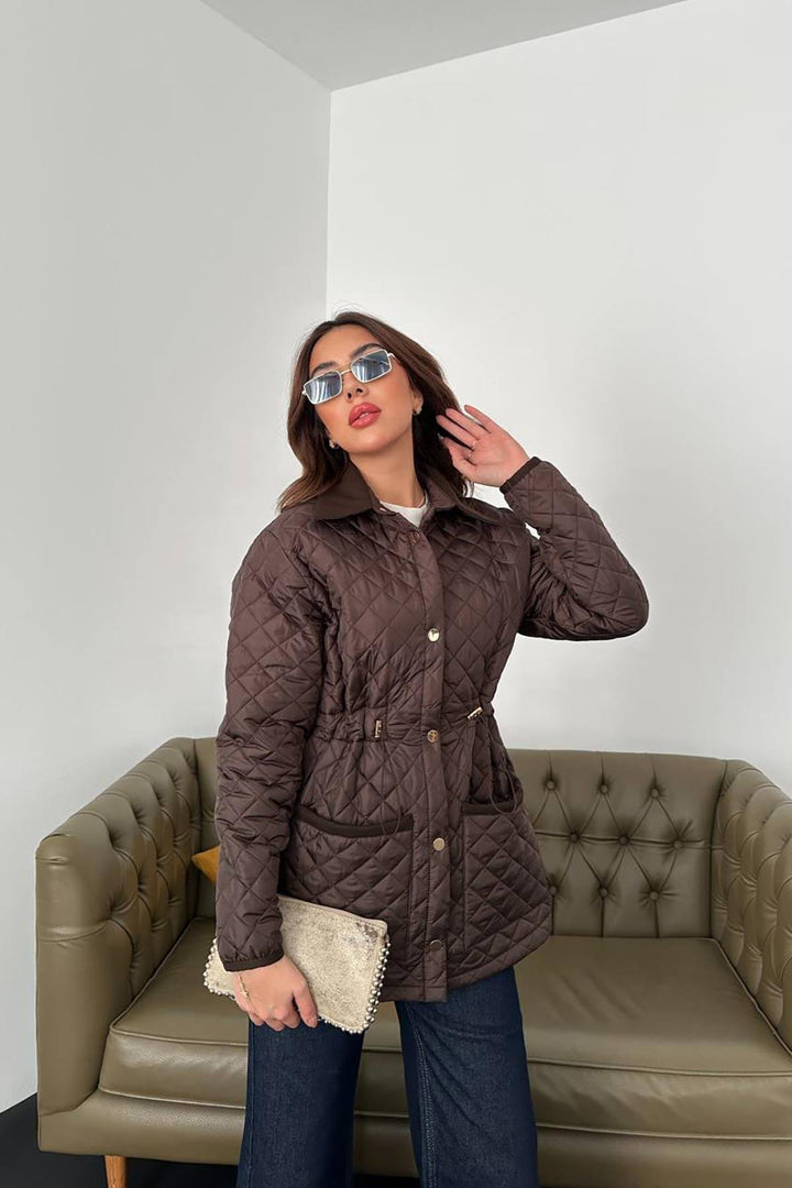 ELS Toptan Kahverengi Yakası Süet Kapitone Ceket - Elgin