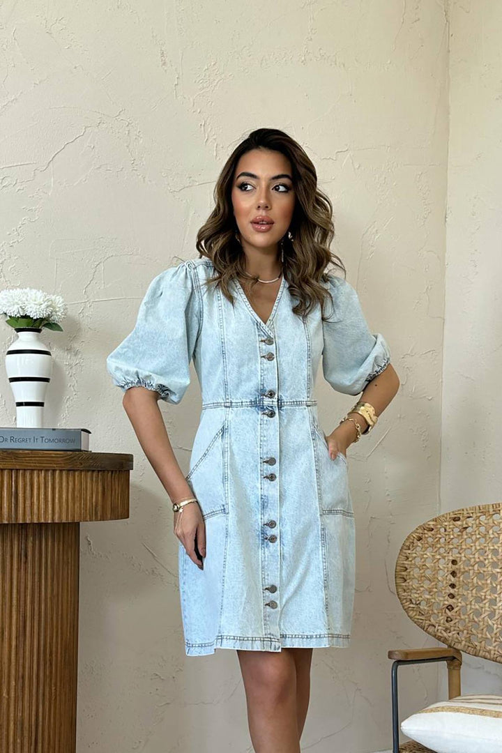 ELS Toptan Kar Yıkama Balon Kollu Kısa Kot Elbise - Lima