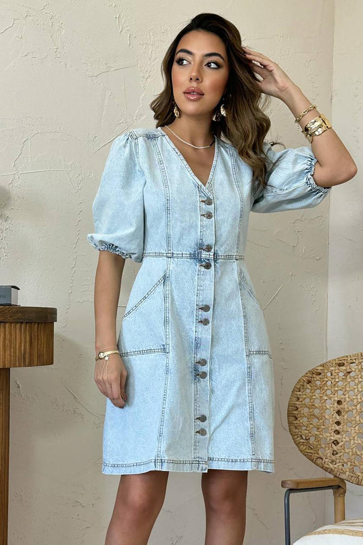 ELS Toptan Kar Yıkama Balon Kollu Kısa Kot Elbise - Lima