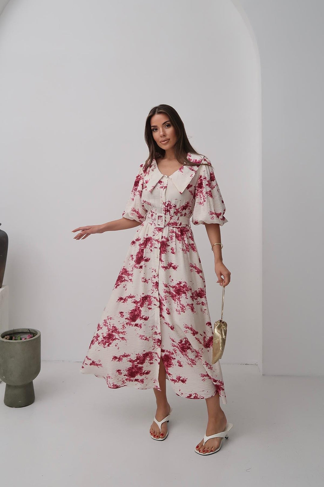 ELS Toptan Kırmızı Desenli Kemerli Elbise - Catemaco