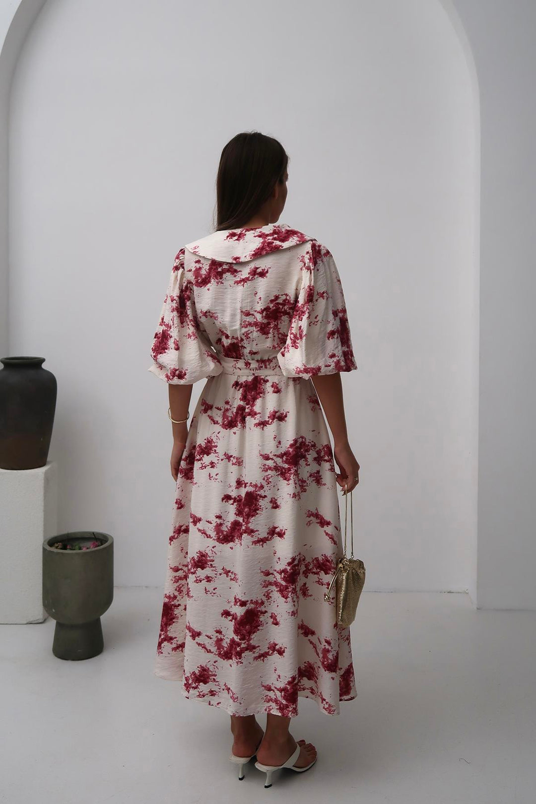 ELS Toptan Kırmızı Desenli Kemerli Elbise - Catemaco