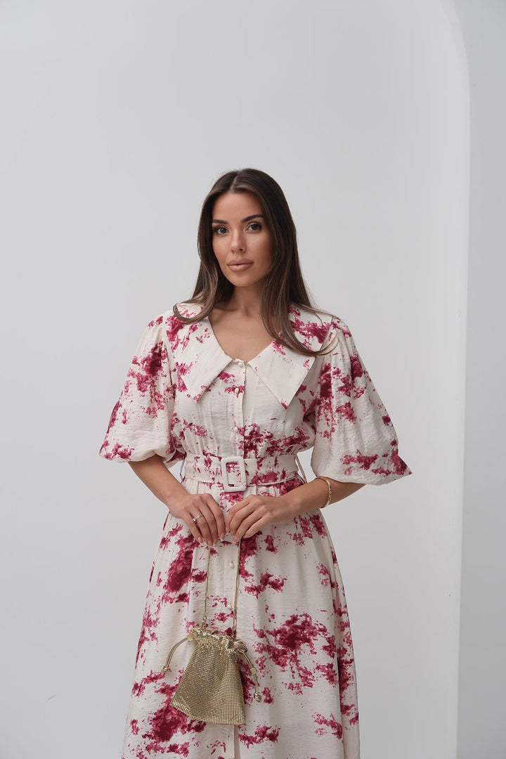 ELS Toptan Kırmızı Desenli Kemerli Elbise - Catemaco