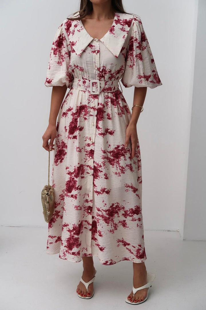 ELS Toptan Kırmızı Desenli Kemerli Elbise - Catemaco