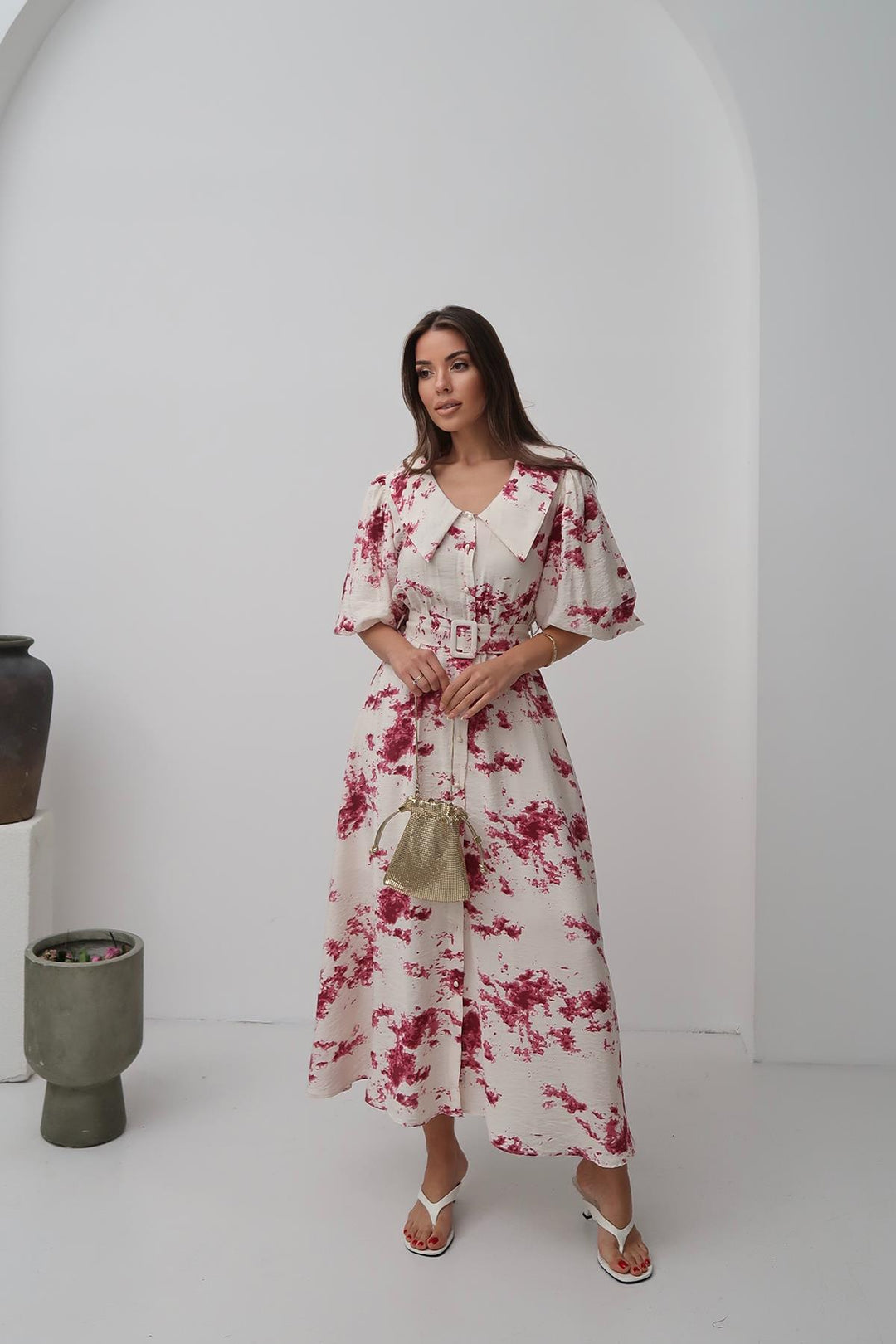 ELS Toptan Kırmızı Desenli Kemerli Elbise - Catemaco