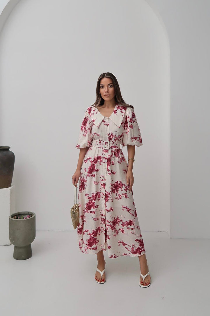 ELS Toptan Kırmızı Desenli Kemerli Elbise - Catemaco