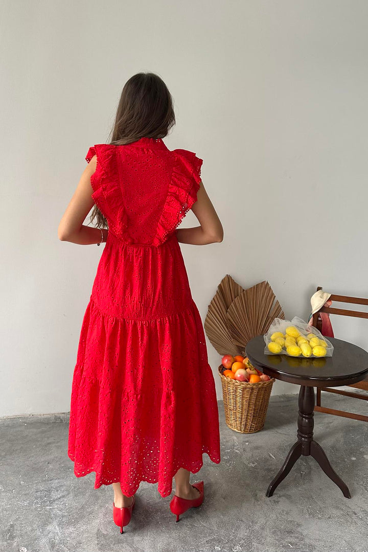 ELS Toptan Kırmızı Fırfırlı Düğmeli Elbise - Puyallup