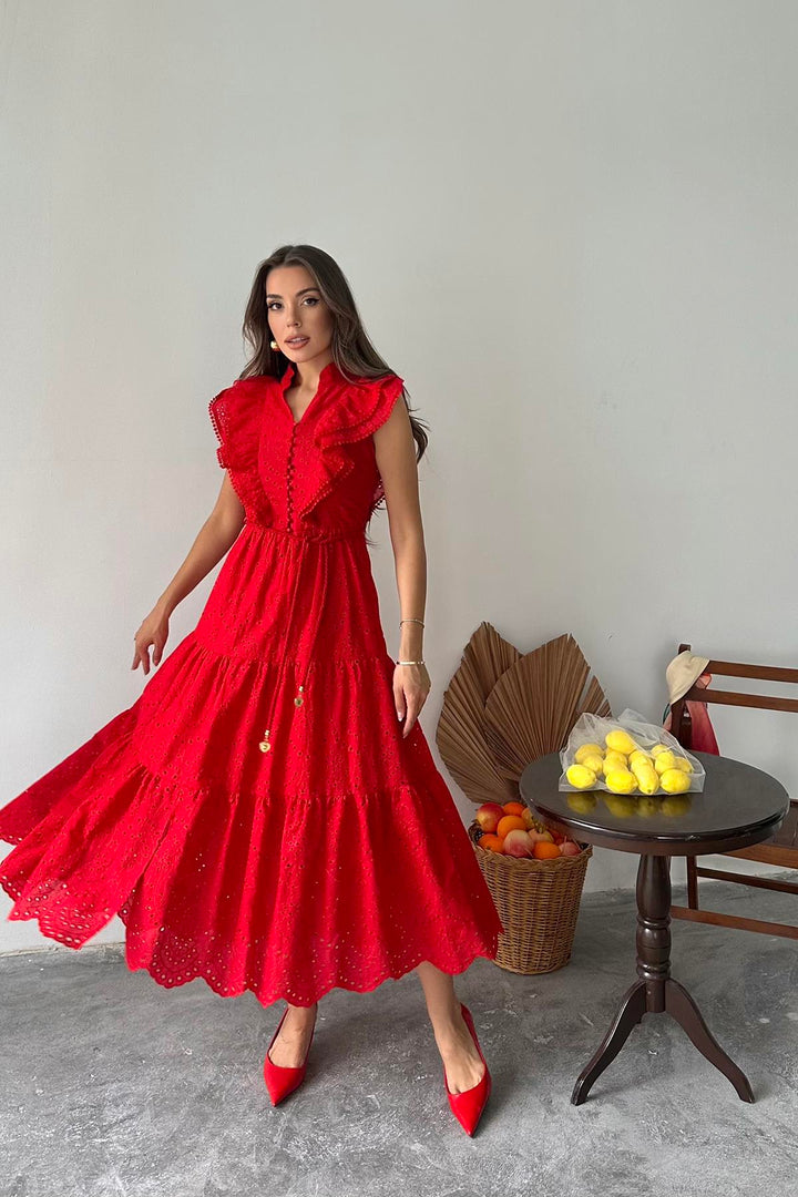 ELS Toptan Kırmızı Fırfırlı Düğmeli Elbise - Puyallup