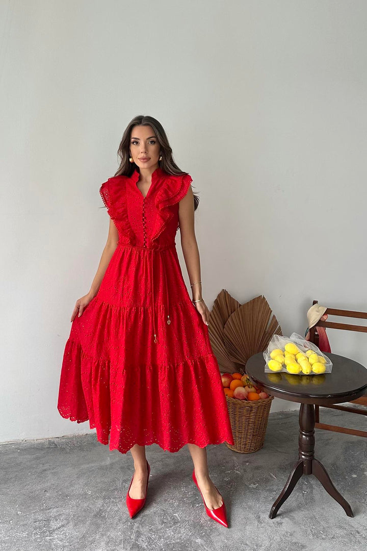 ELS Toptan Kırmızı Fırfırlı Düğmeli Elbise - Puyallup