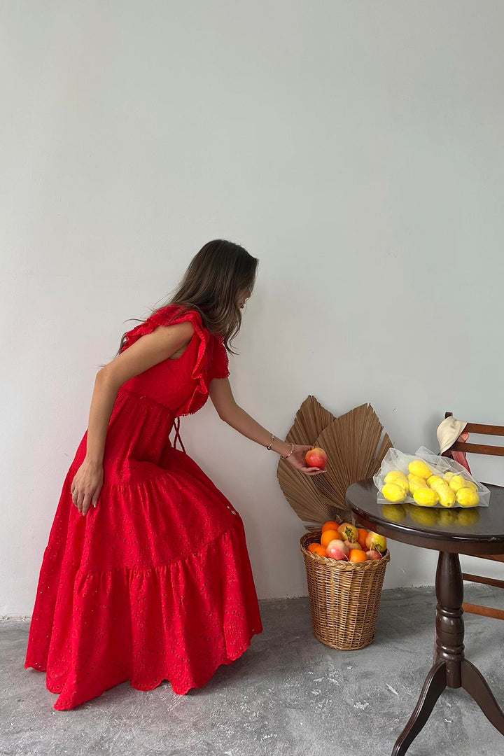 ELS Toptan Kırmızı Fırfırlı Düğmeli Elbise - Puyallup