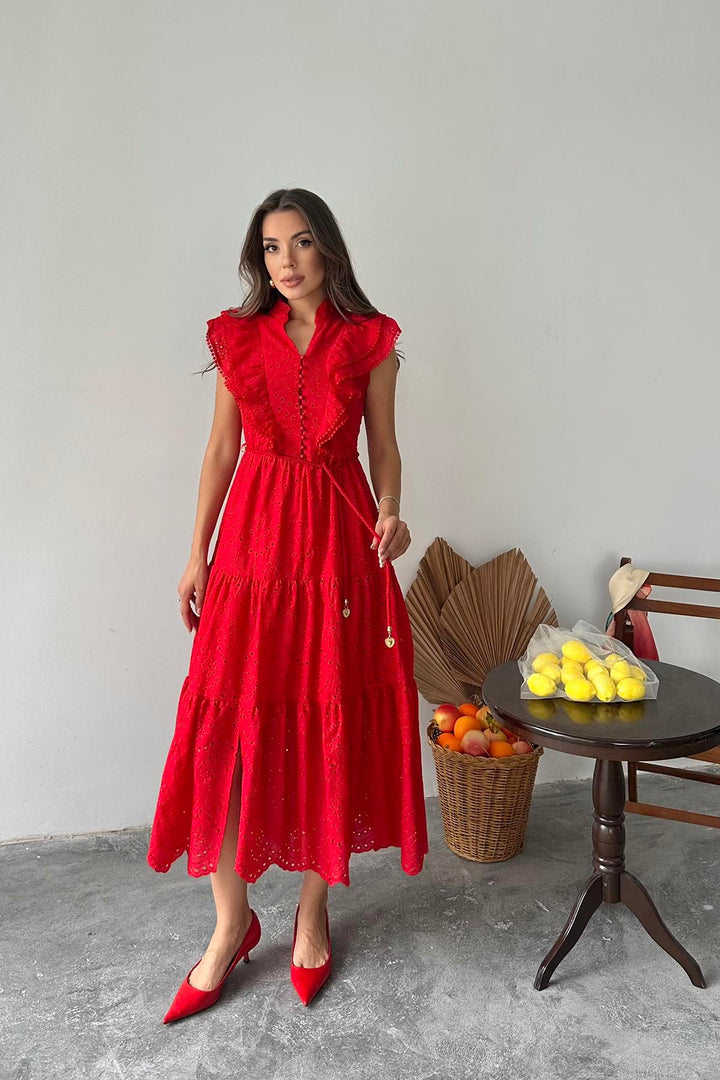 ELS Toptan Kırmızı Fırfırlı Düğmeli Elbise - Puyallup