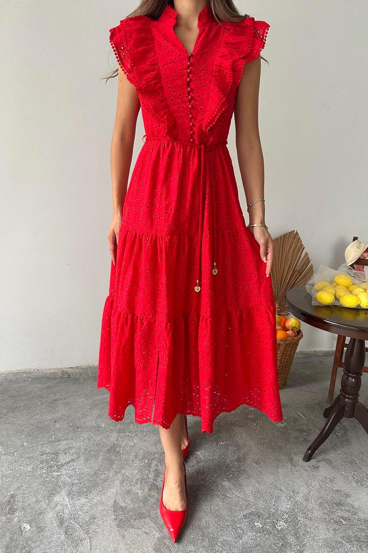 ELS Toptan Kırmızı Fırfırlı Düğmeli Elbise - Puyallup