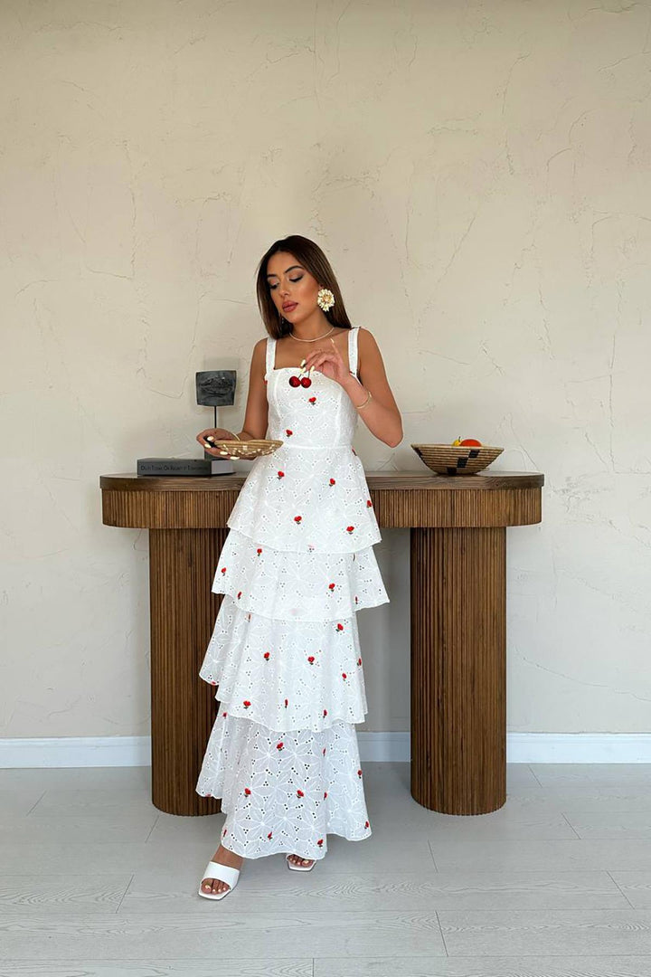 ELS Toptan Kırmızı Kat Kat Arkası Bağlamalı Elbise - Suhl