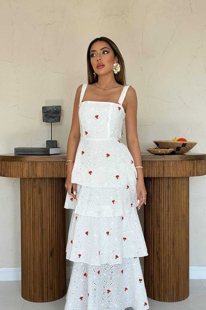 ELS Toptan Kırmızı Kat Kat Arkası Bağlamalı Elbise - Suhl